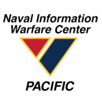 Naval Information Warfare Center Pacific logo. Blue and red triangles in a yellow-bordered V shape, text