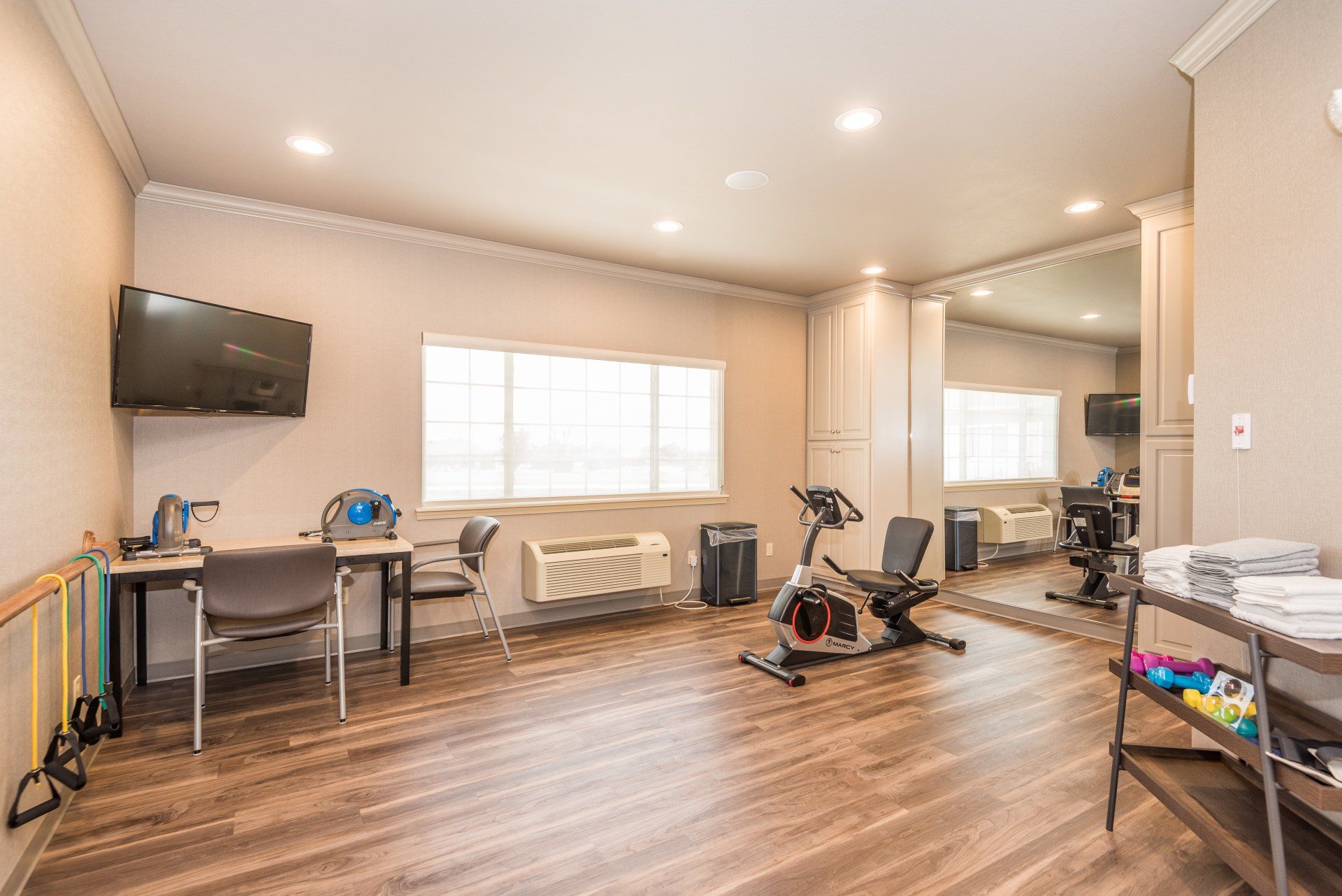 There is a large mirror in the middle of the room.