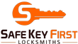 A logo for safe key first locksmiths with an orange key
