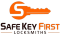 A logo for safe key first locksmiths with an orange key
