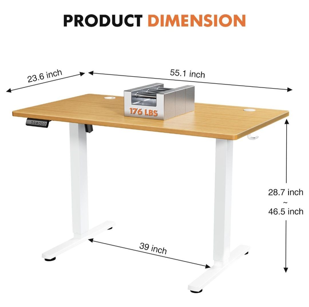Standing Desk, 48 × 24 Inches Electric Height Adjustable, Sit and Stand Up, Computer Office Desk with Splice Board, White Frame/Maple TOP