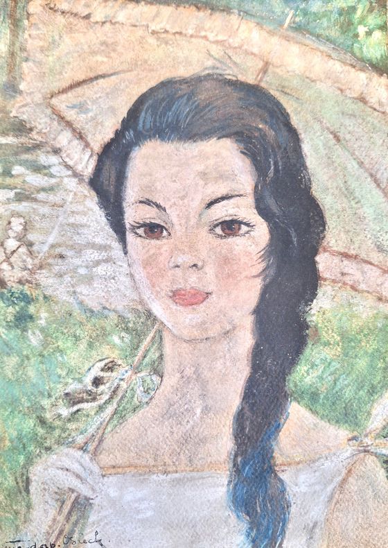 Een schilderij van een persoon met een lange vlecht die een parasol vasthoudt in de buurt van een stenen brug, uitgevoerd in zachte, textuurrijke penseelstreken.