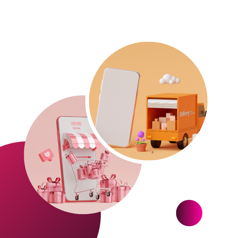 A shopping cart , a phone , and a delivery truck are in circles.