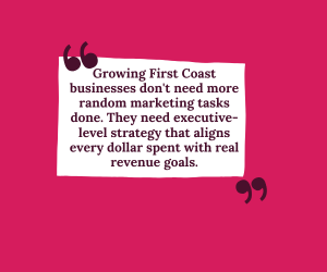 White quote card on magenta background: