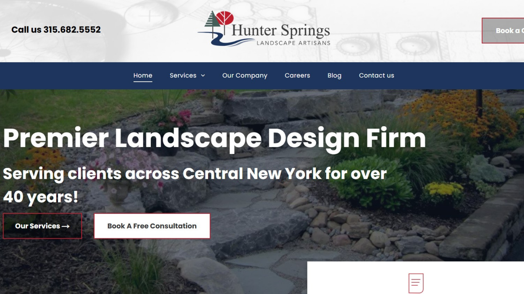 A screenshot of the website for hunter springs premier landscape design firm.