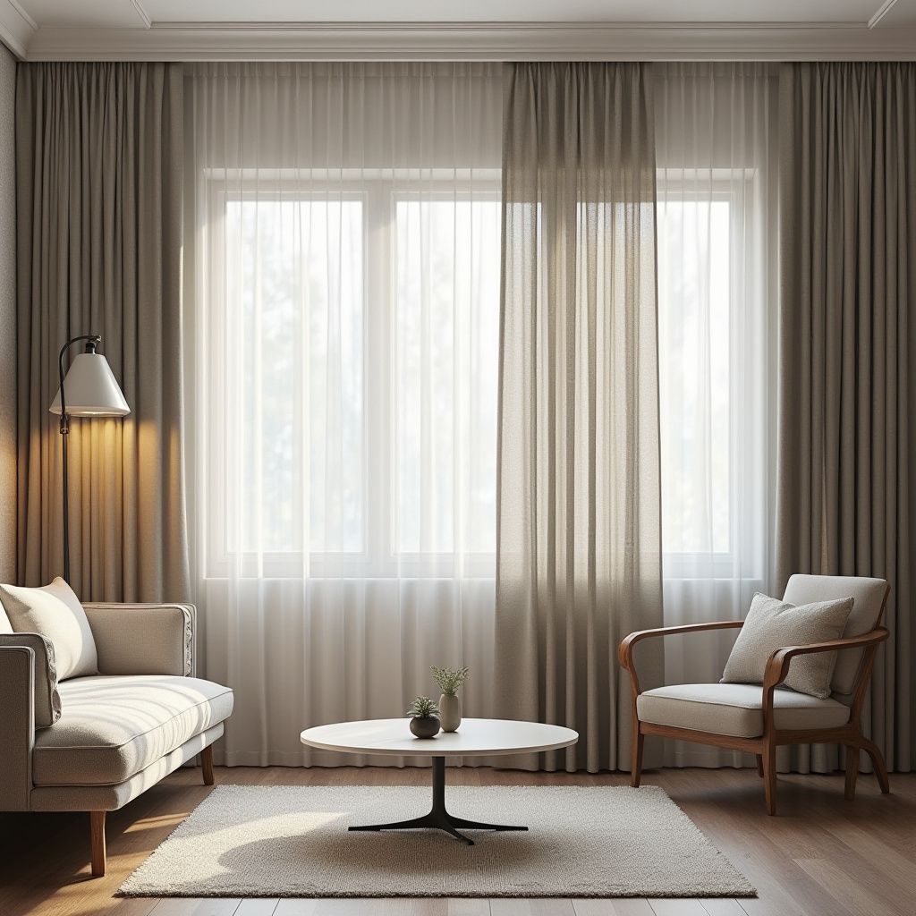 Sala de estar con ventana, sofá, silla y mesa de café; combinación de colores neutros con cortinas.