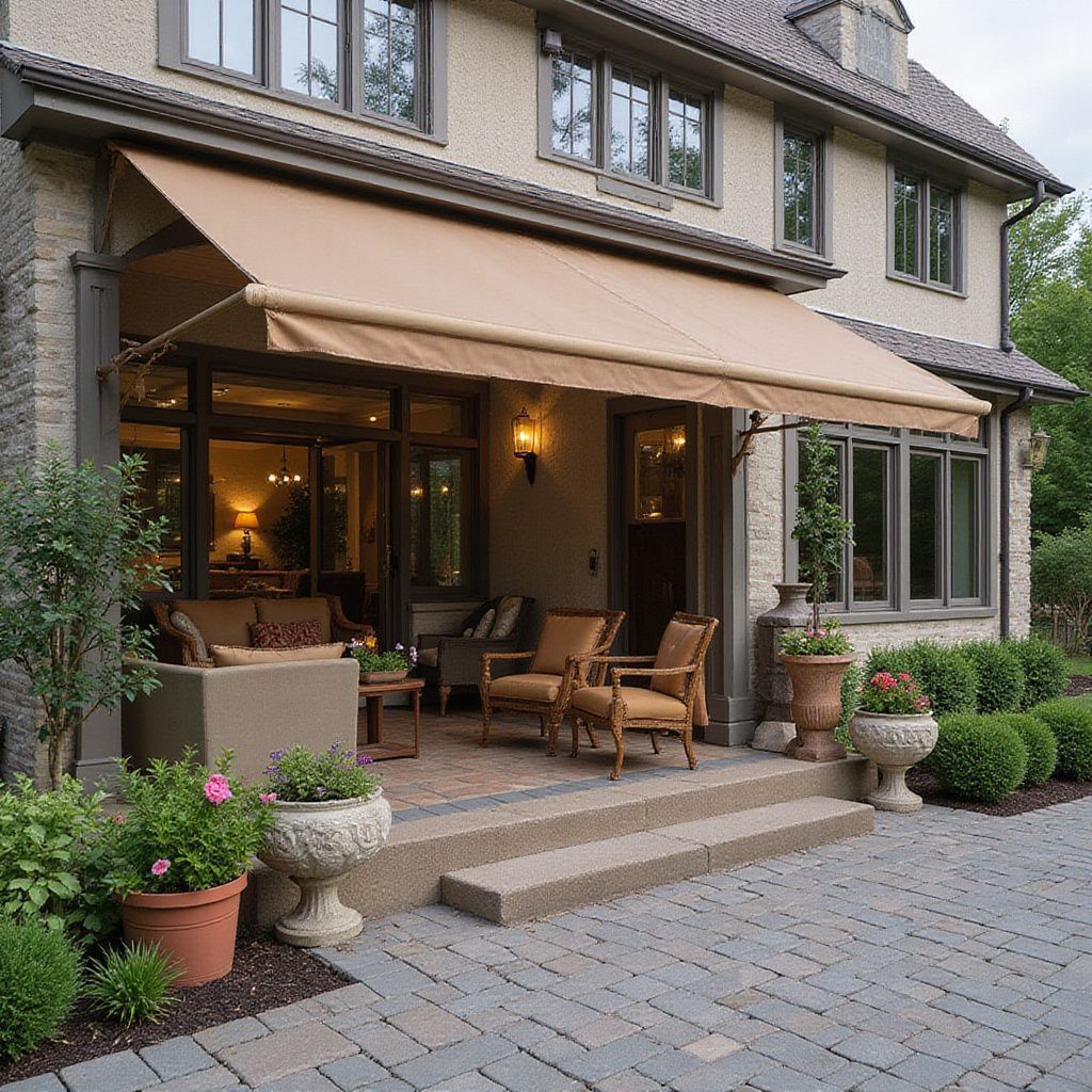 Toldo beige sobre un patio con sillas y escalones que conducen a una casa de ladrillo.