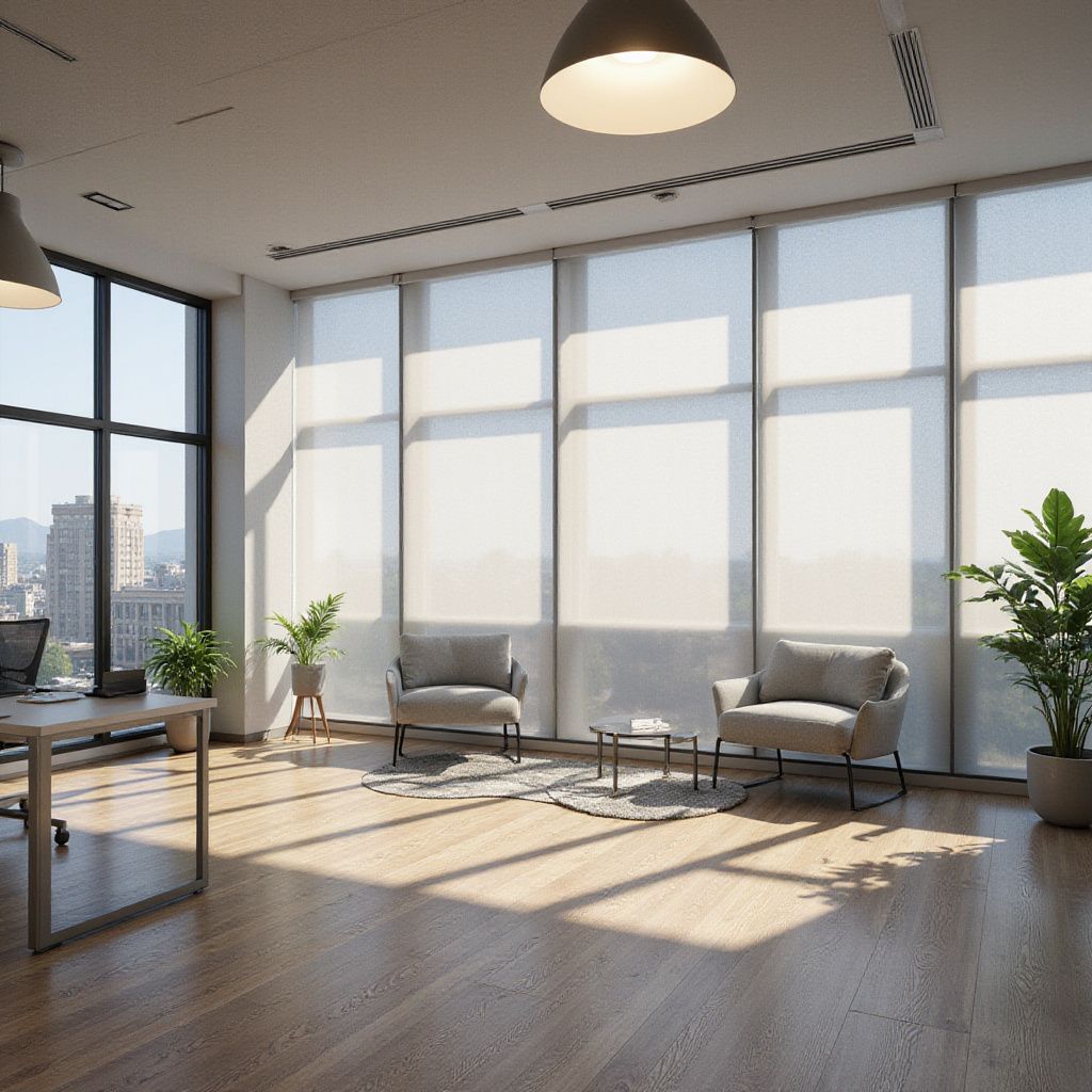 Interior de oficina luminoso con grandes ventanales, luz solar en pisos de madera y zona de estar.