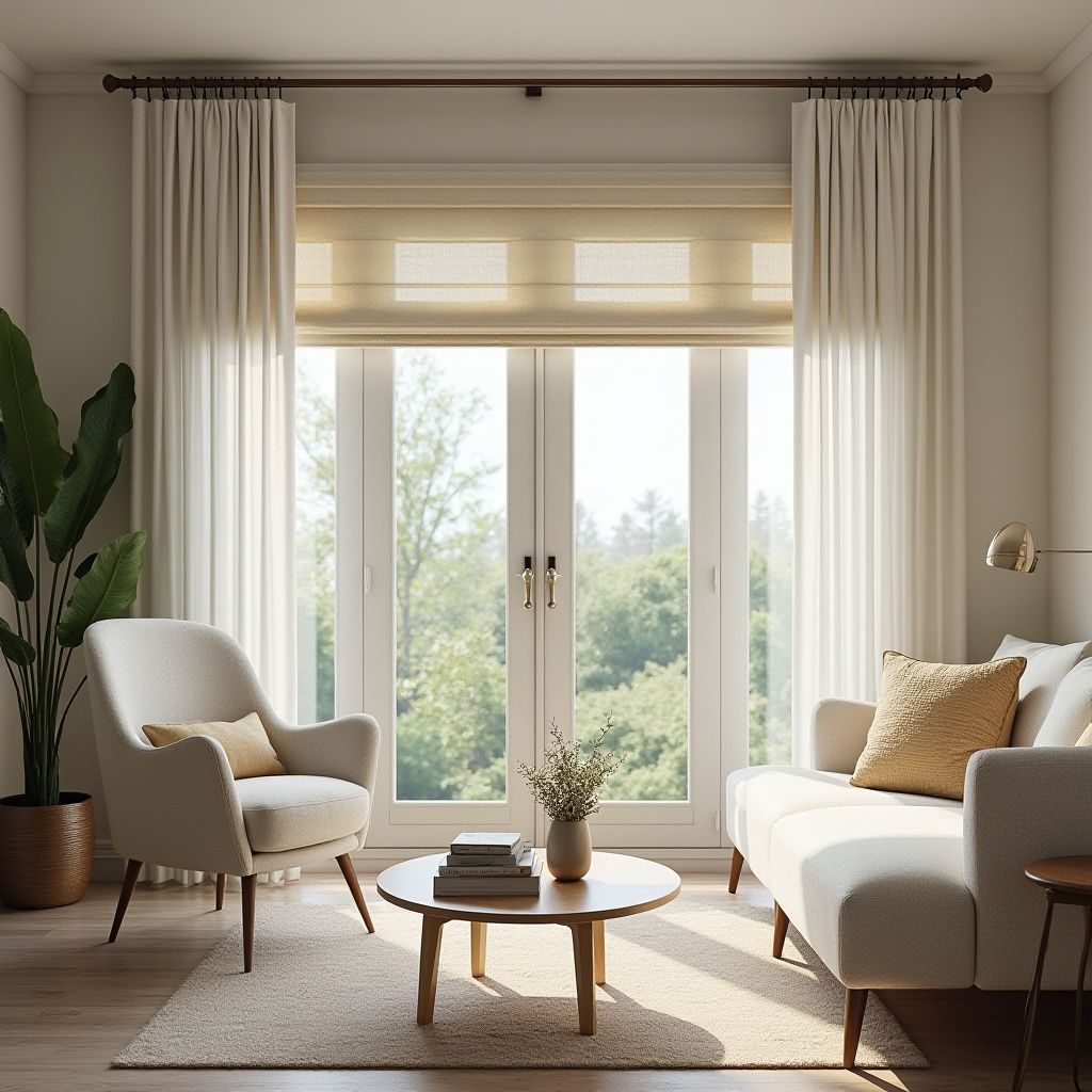 Sala de estar con muebles color crema, grandes ventanales y vista a los árboles.