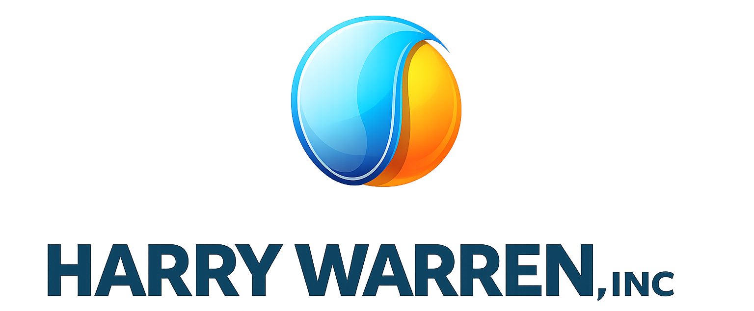 Company logo for Harry Warren, Inc., featuring a stylized blue and orange orb above the company name in bold dark text.