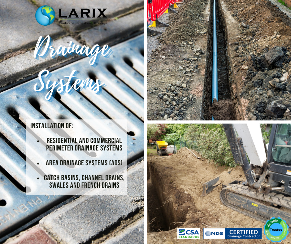 3 images in a grid displaying the drainage system services at Larix Landscape the company's credentials