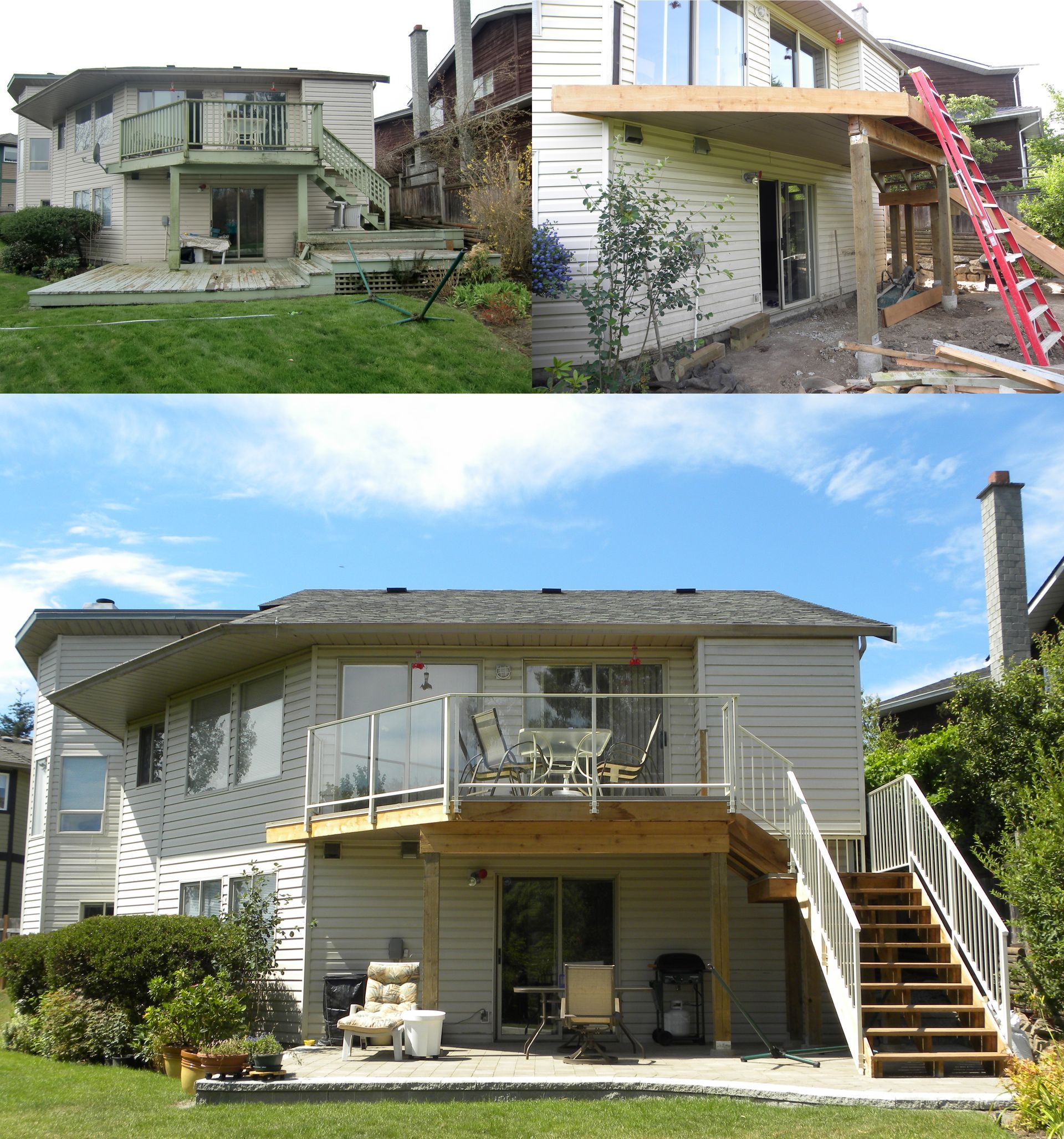 3 photos i one showing before and after wood deck building for backyard landscape in Victoria BC