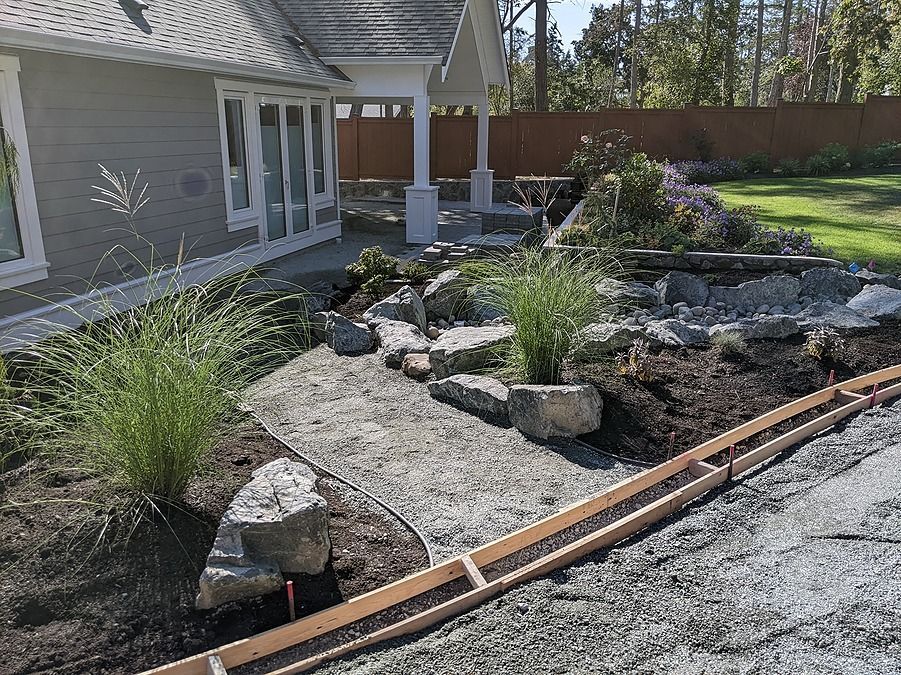 front yard garden landscape with artificial stream