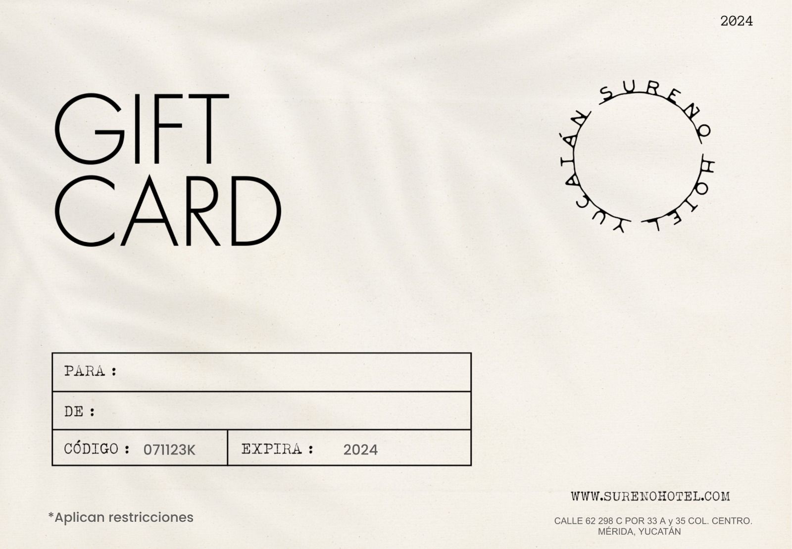 Gift Card Hotel Sureño obsequia una tarjeta de regalo para hospedaje en Mérida, México