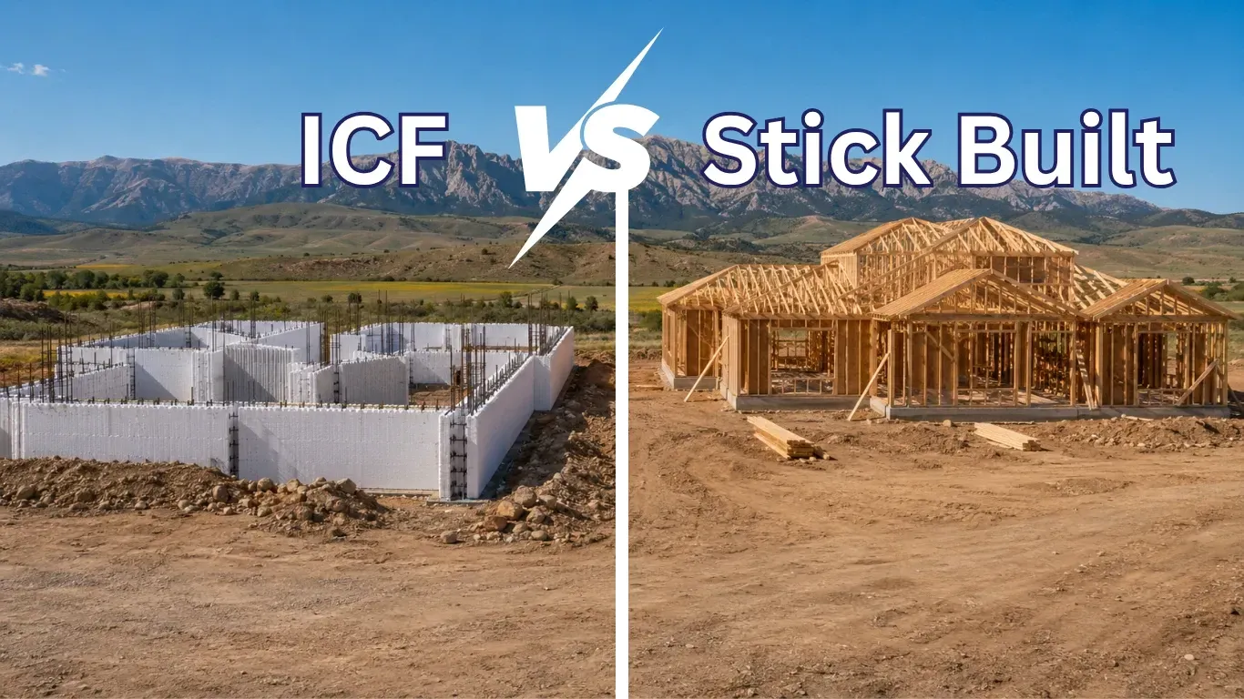 ICF concrete wall construction compared to stick built wood framing on a Wyoming building site.