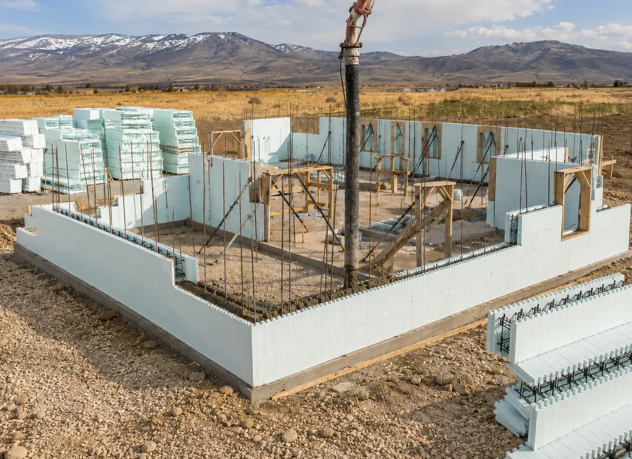 Concrete home construction process ICF wall installation Sheridan WY Great Western Contracting