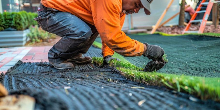 A worker in an orange shirt kneels, installing artificial turf onto a prepared, adhesive-coated surface outdoors.