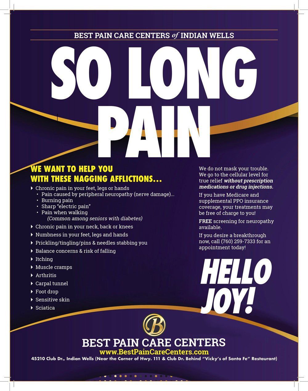 So Long Pain Ad — Indian Wells, CA — Best Pain Care Center