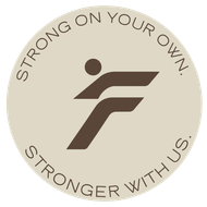 Circular beige logo with brown stylized figure and text reading “STRONG ON YOUR OWN, STRONGER WITH US.”