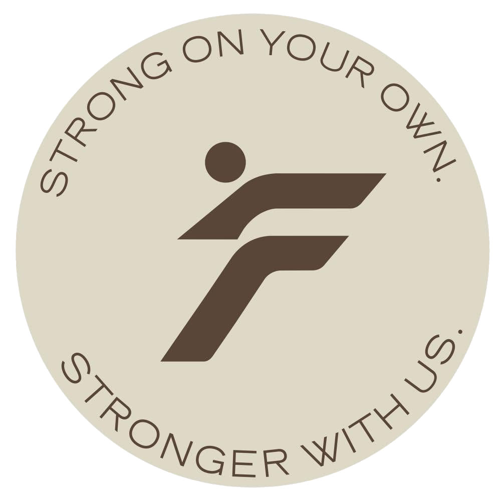 Circular beige logo with brown stylized figure and text reading “STRONG ON YOUR OWN, STRONGER WITH US.”