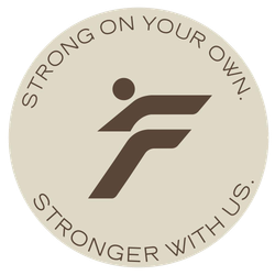 Circular beige logo with brown stylized figure and text reading “STRONG ON YOUR OWN, STRONGER WITH US.”