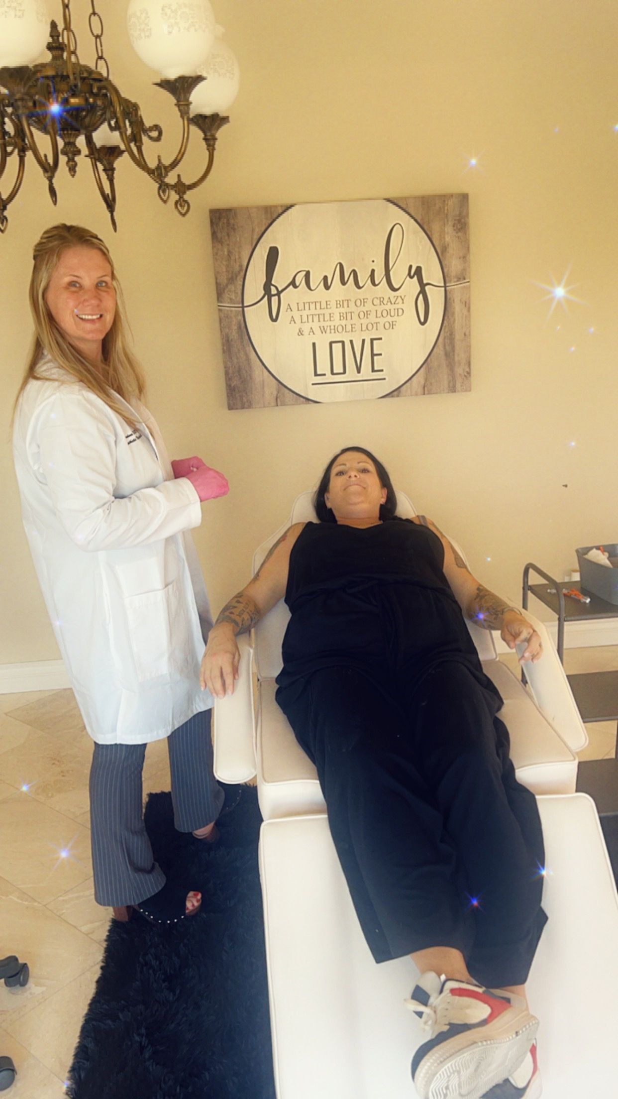 jordana and her client smiling at the camera to get ready to inject botox to the lady in the injector char