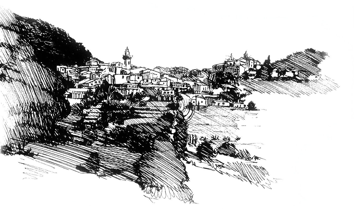 A black and white drawing of a small town on a hill overlooking a body of water.