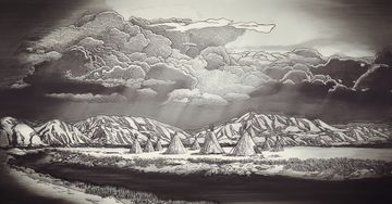 A row of pencils , brushes , and watercolors on a white background.