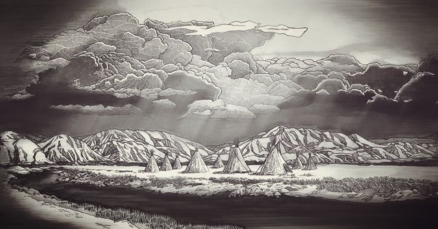 A row of pencils , brushes , and watercolors on a white background.