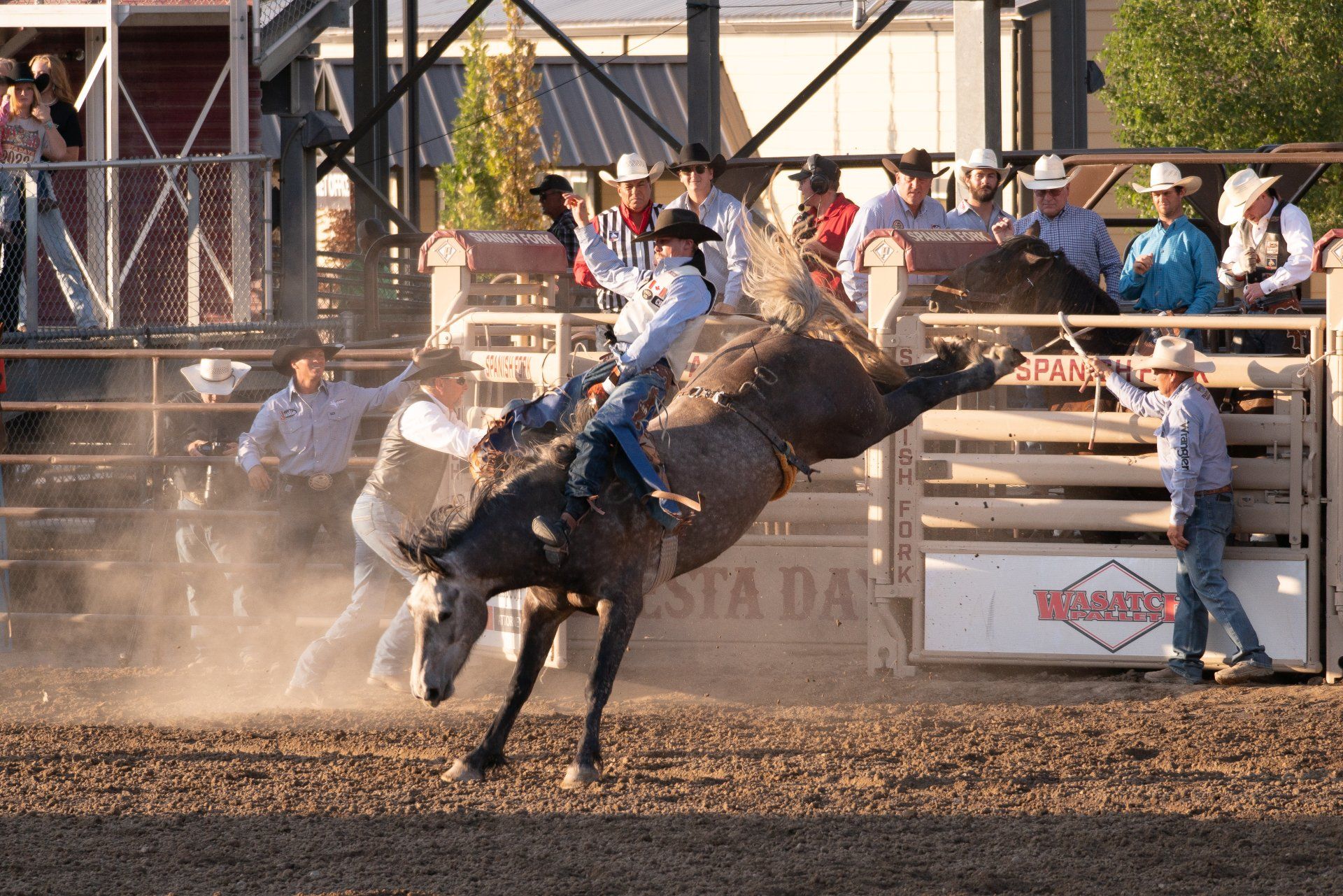 A man is riding a bull in a rodeo arena.