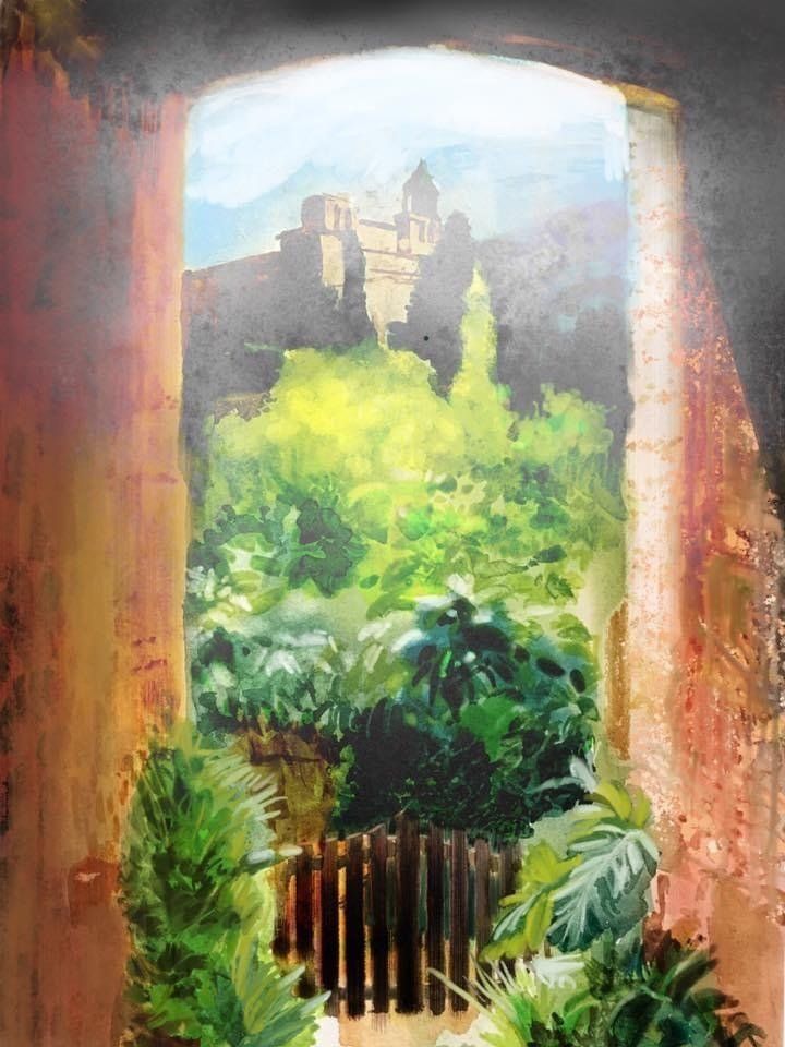 A painting of a garden with a castle in the background