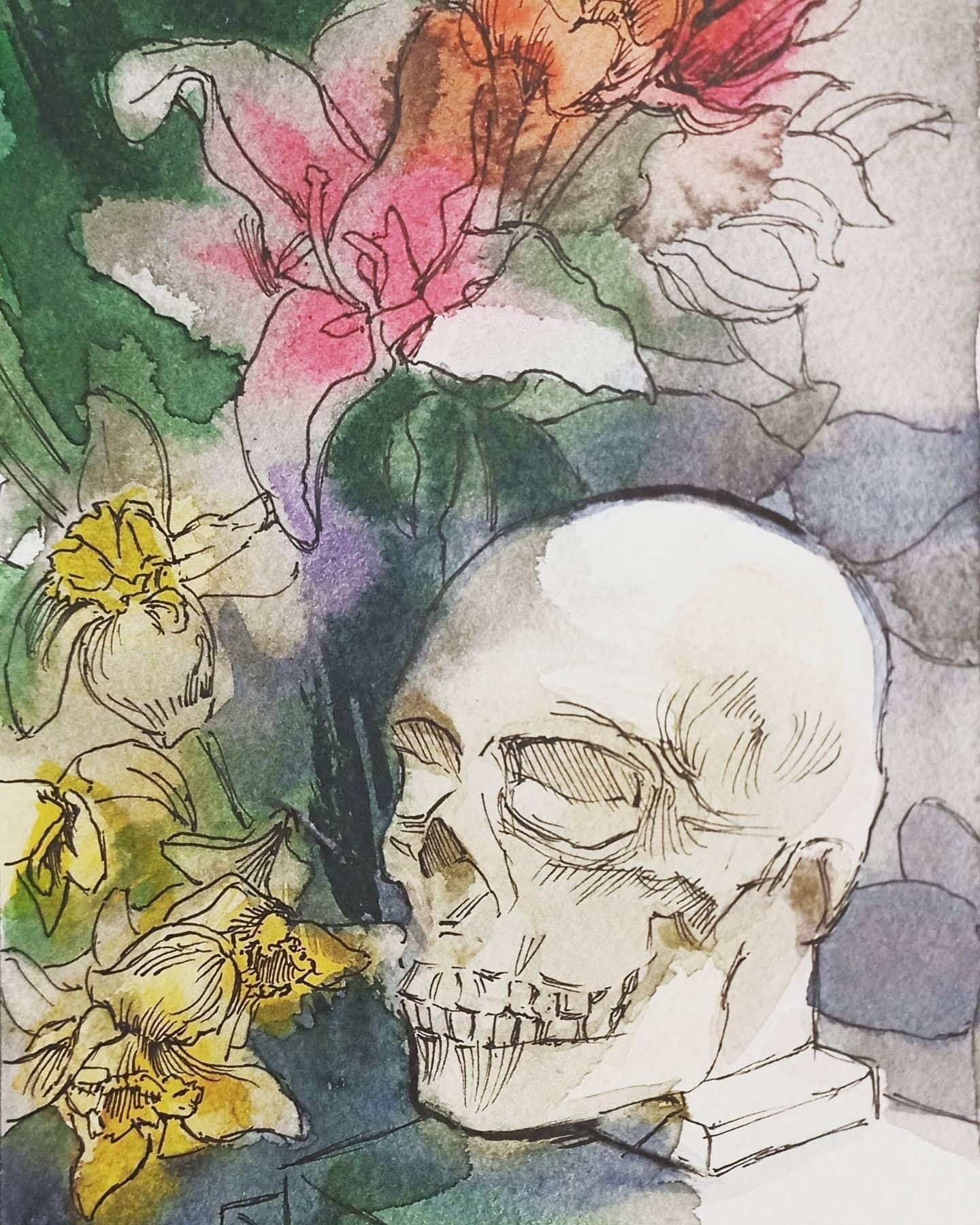 A drawing of a skull with flowers in the background