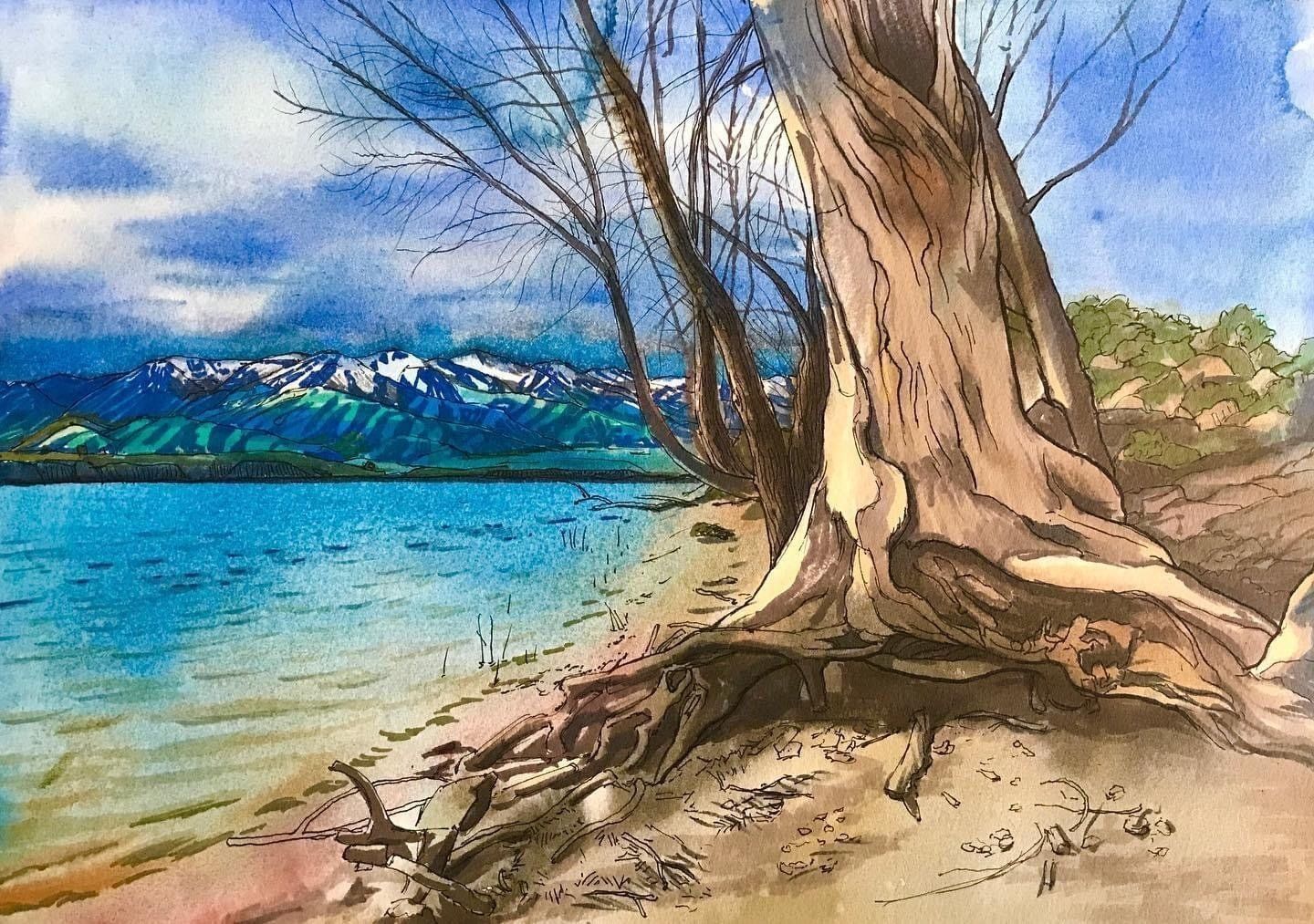 A painting of a tree on the shore of a lake with mountains in the background.