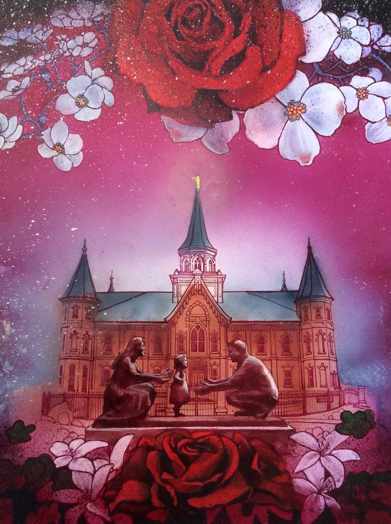 A painting of a castle surrounded by roses and flowers
