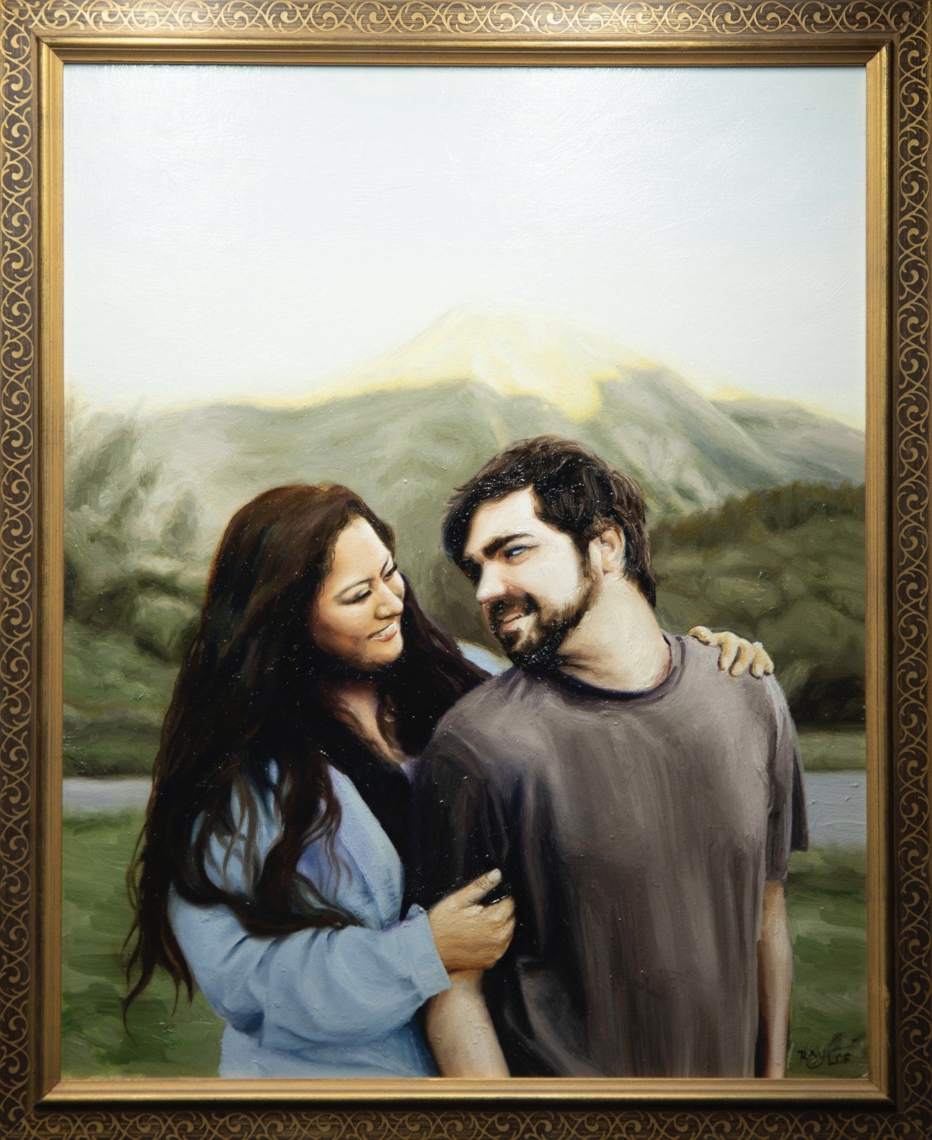 A painting of a man and a woman with mountains in the background