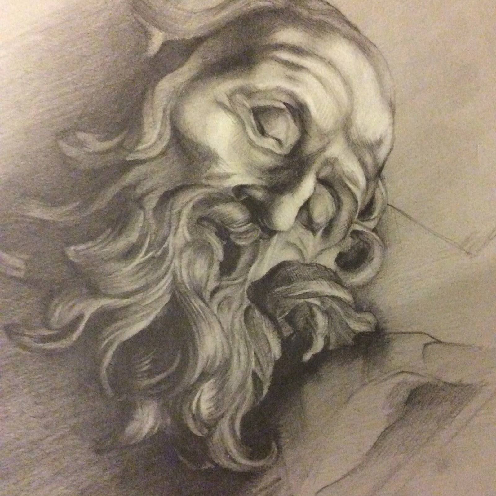 A black and white drawing of a man with a beard