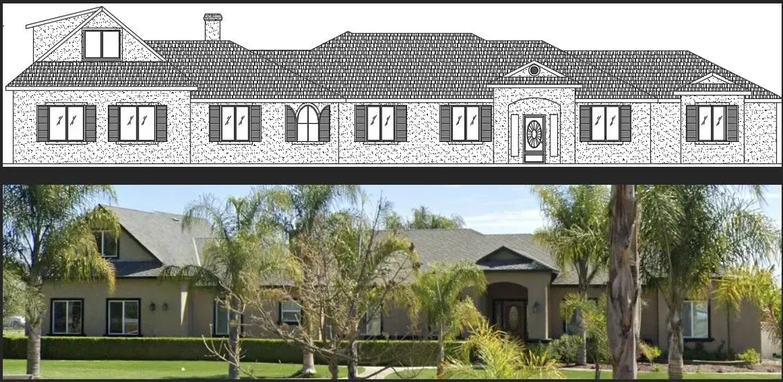 A black and white drawing of a house and a picture of the house