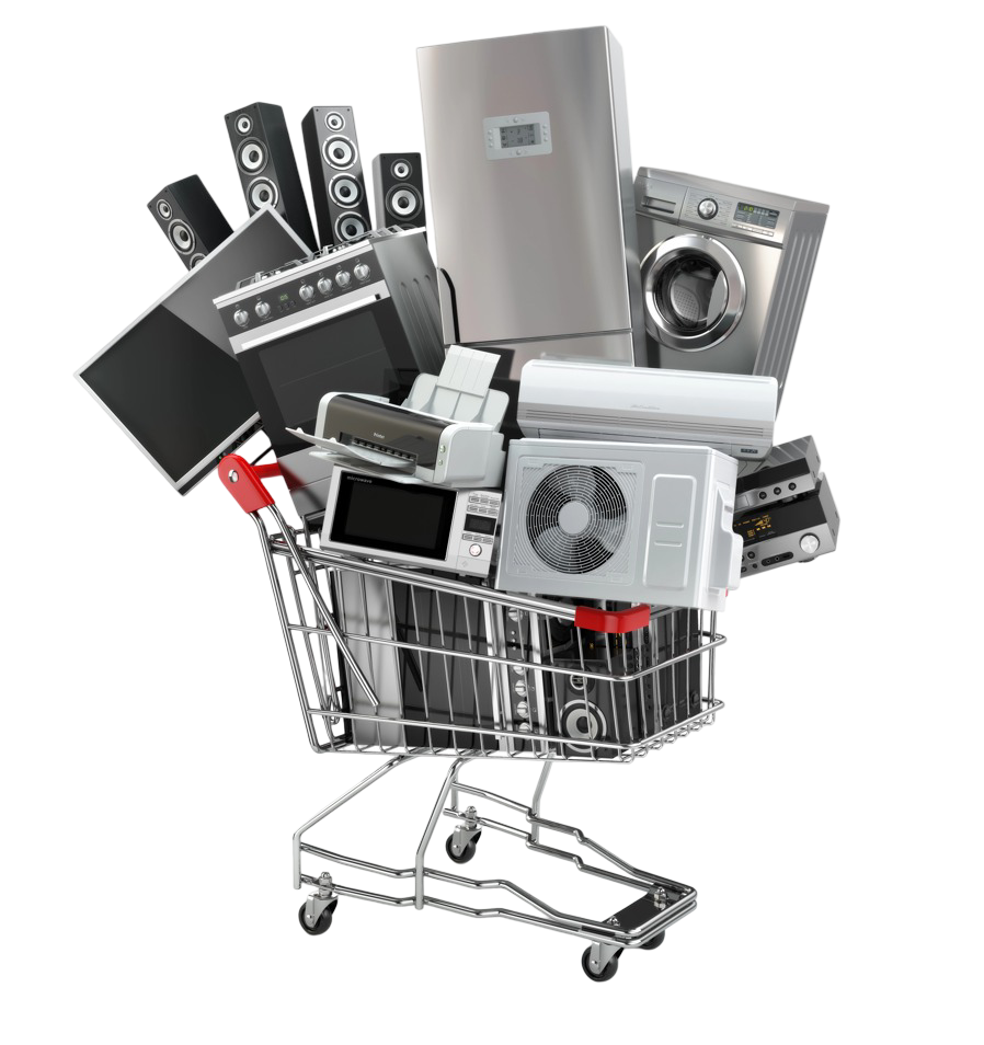 Carrito de compra repleto de diversos productos electrónicos para el hogar.