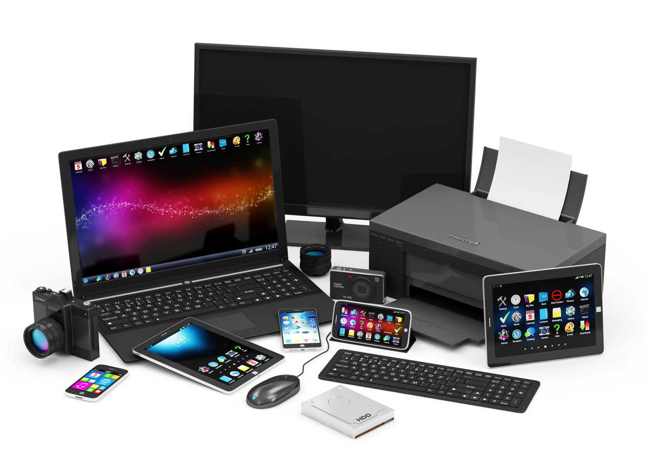 Dispositivos electrónicos variados: computadora portátil, monitor, impresora, tableta, teléfono inteligente, cámara, y más