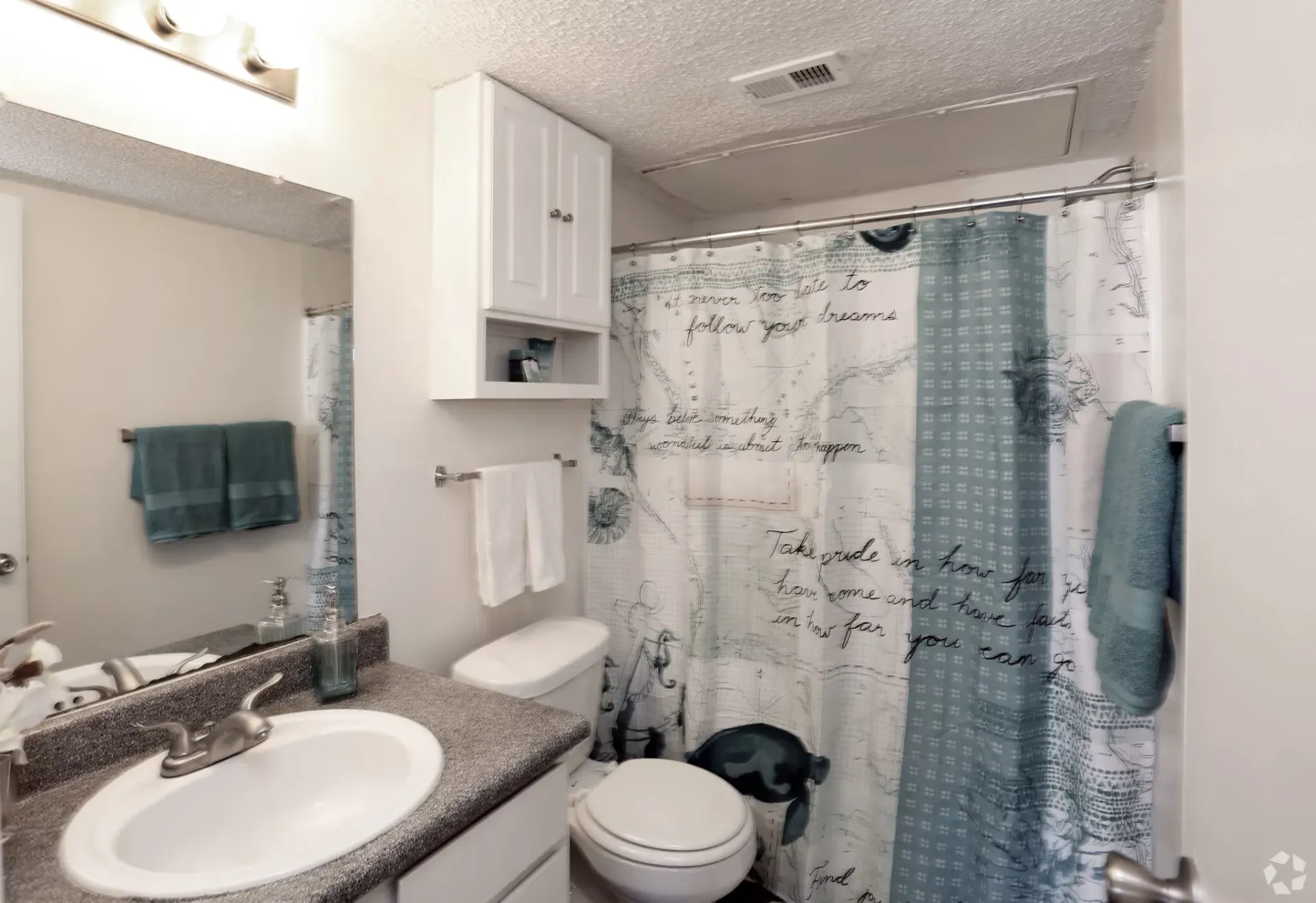 Bathroom in an apartment with sink, mirror, toilet, cabinet, and a blue patterned shower curtain at Woodview, offers apartments in Odessa, TX.