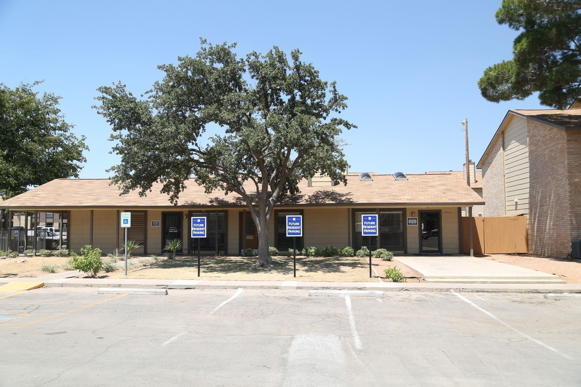 Exterior view of a single-story apartment office building with a large tree and parking signs in front at Woodview, offers apartments in Odessa, TX.