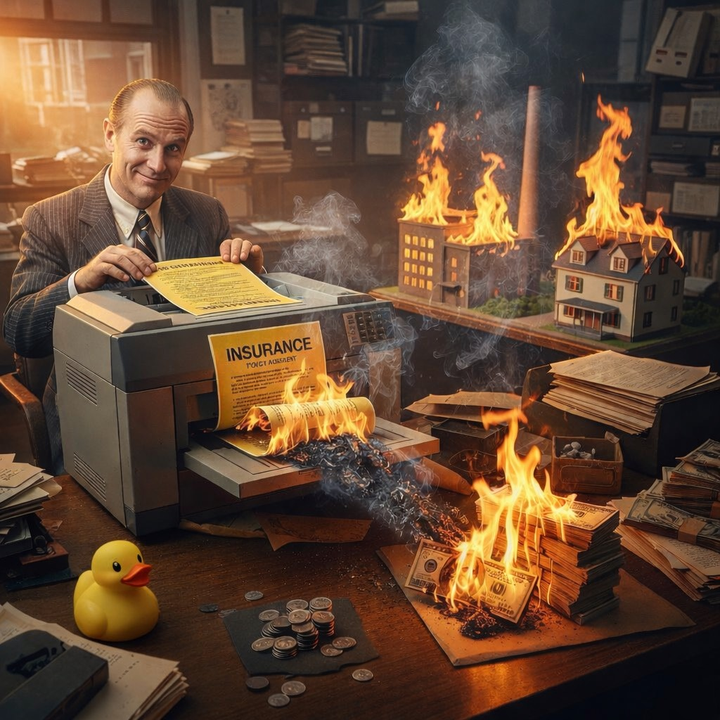 Consulente assicurativo che fotocopia contratti circondato da case e soldi in fiamme.