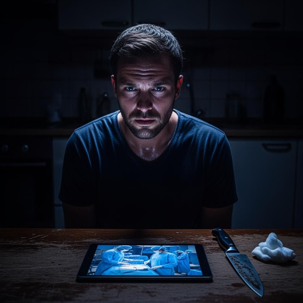 Uomo al buio che guarda un tutorial su come operarsi.