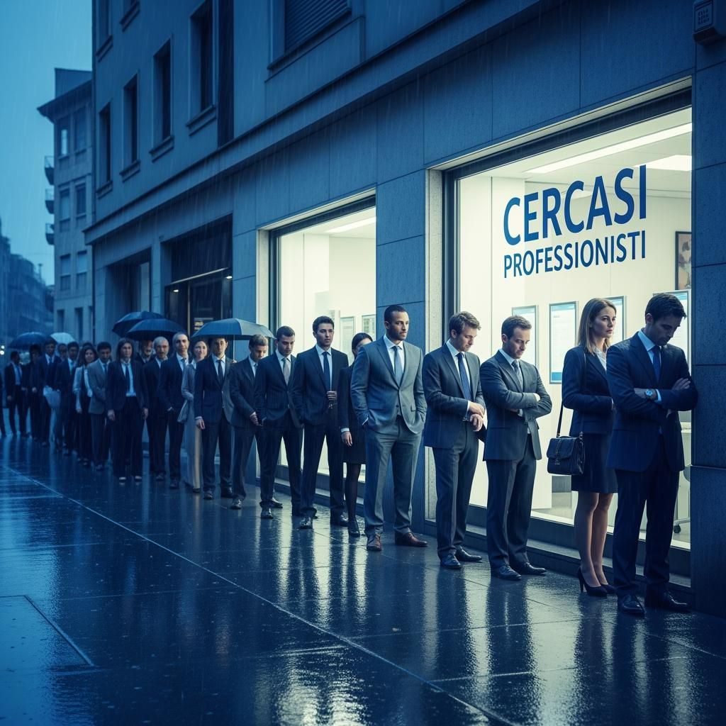 Atmosfera cupa e piovosa dove si vede una lunga fila di professionisti in attesa del loro momento.