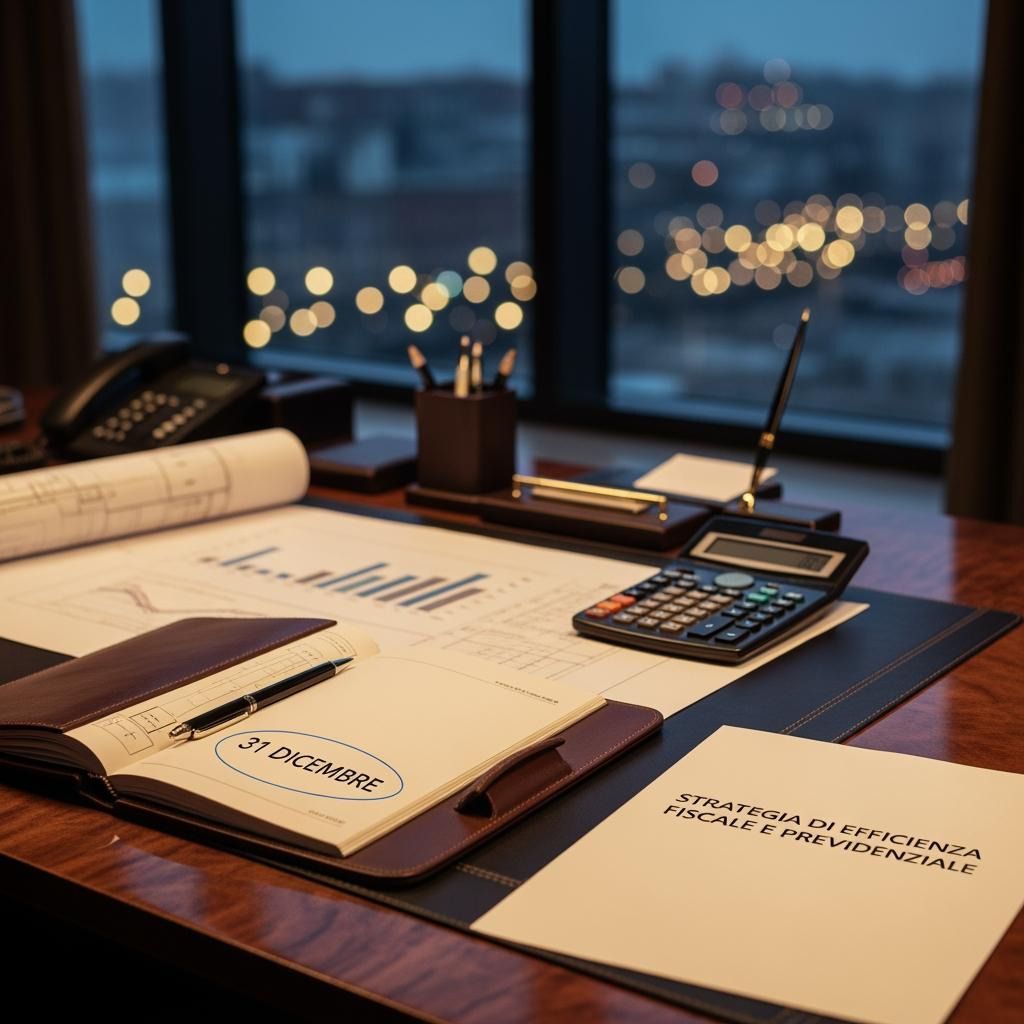 Scrivania di un ufficio al tramonto con documenti fiscali, grafici e un'agenda aperta al 31/12