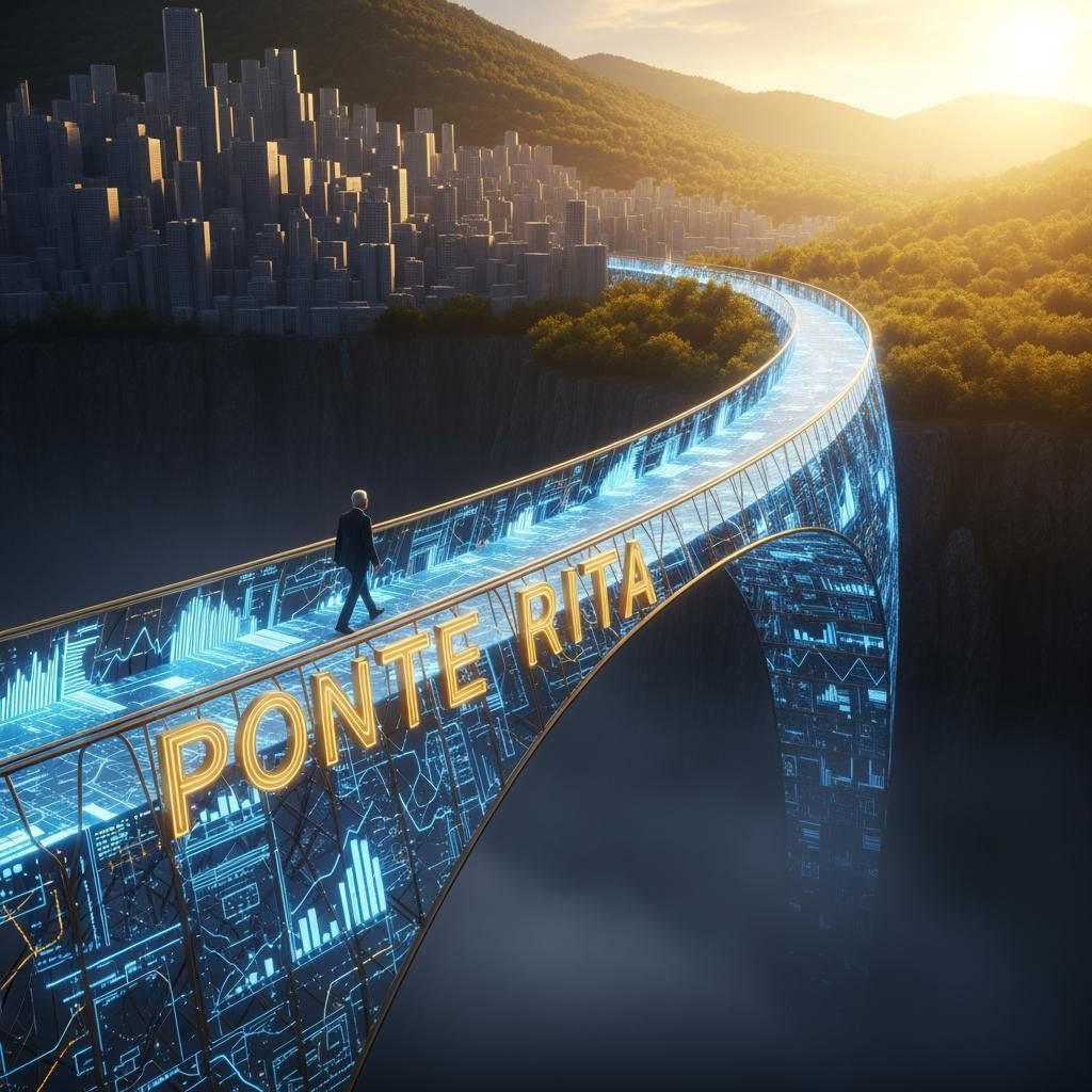 Un uomo che cammina sul ponte futuristico dove si vede la scritta ponte RITA