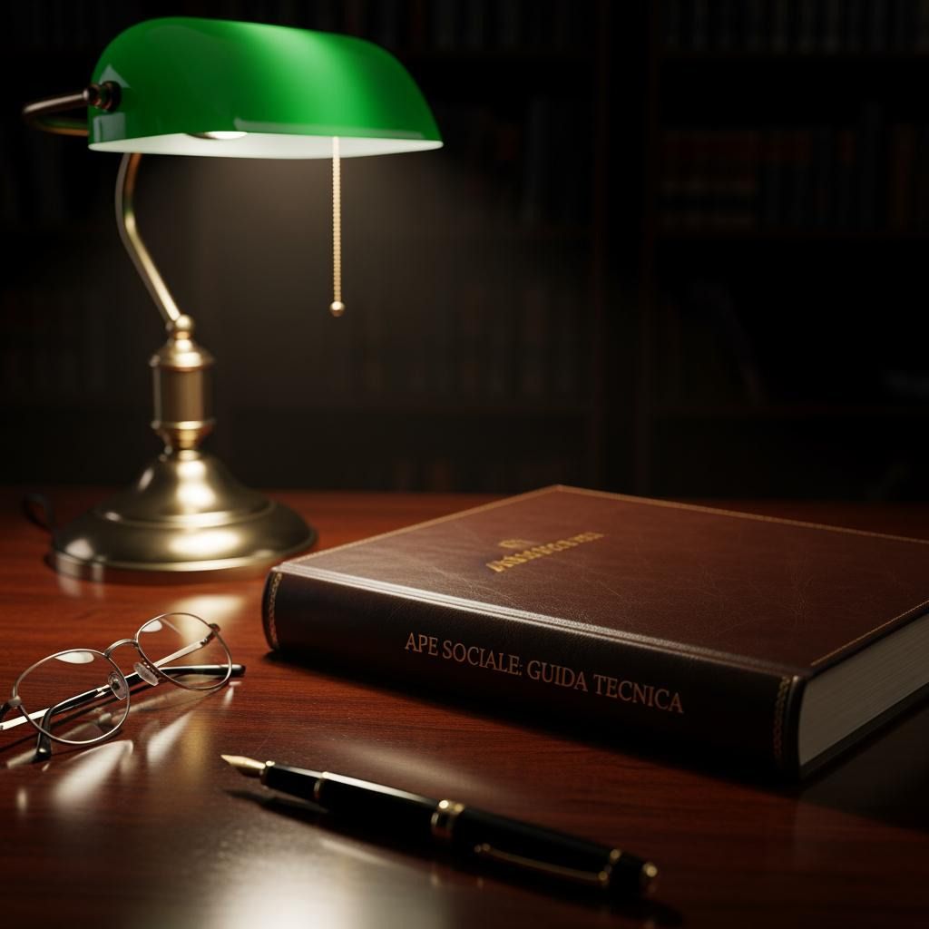 Scrivania in legno con una lampada che illumina un libro dal titolo