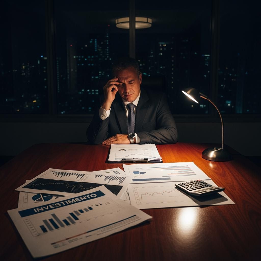 Imprenditore seduto alla scrivania analizza documenti e grafici finanziari.