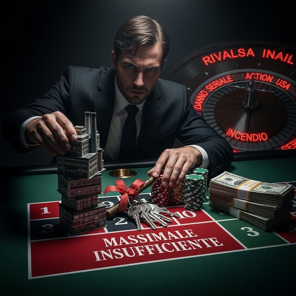Imprenditore in giacca e cravatta che scommette su una roulette con edificio e denaro.