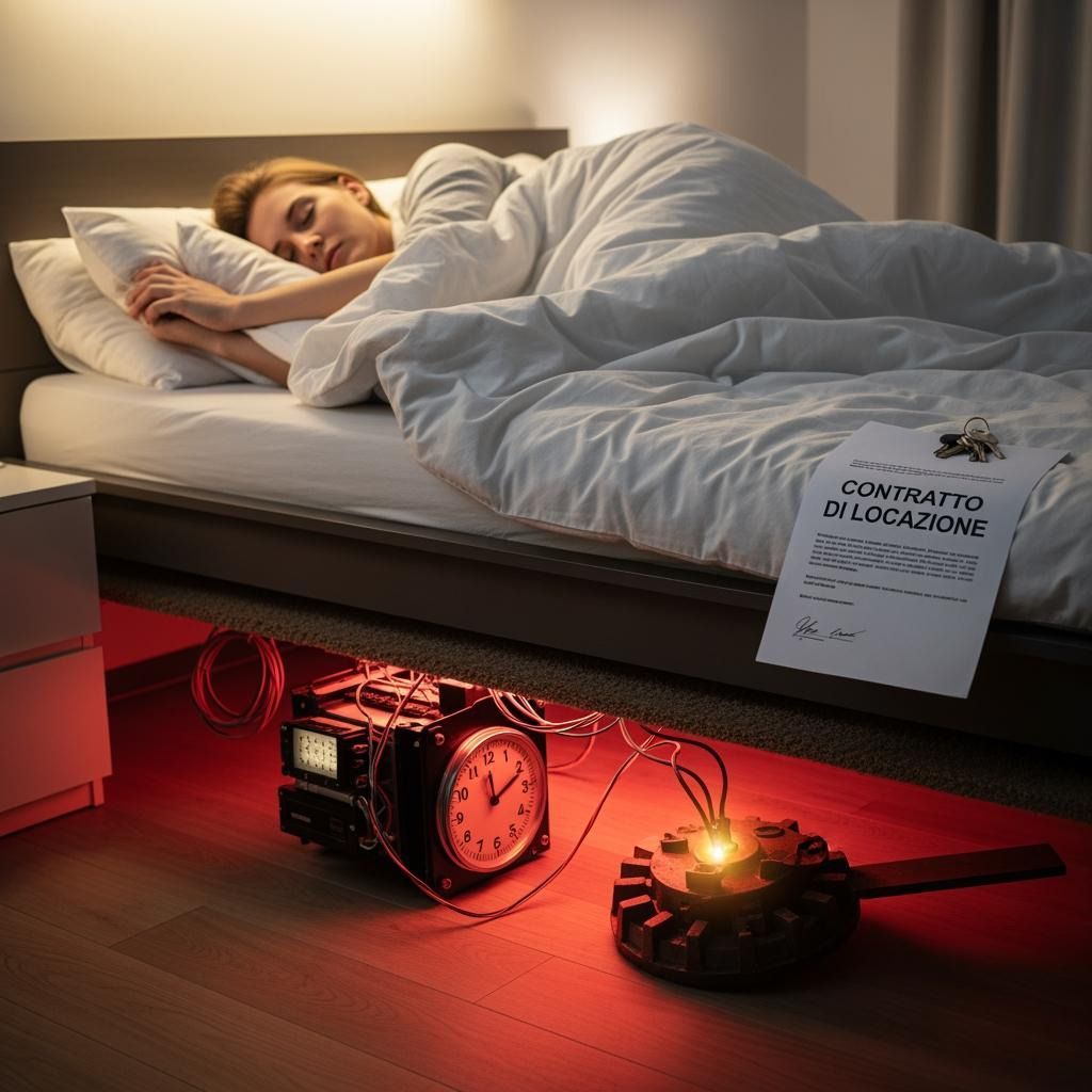 Persona che dorme su un letto di una casa in affitto mentre sotto al letto è presente una bomba.